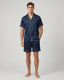 Herren Schlafanzug kurz gemustert mit Hemd und Shorts – Dunkelblau