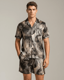 Herren Schlafanzug kurz gemustert mit Hemd und Shorts – Graue Tinte