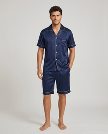 Herren Schlafanzug kurz mit Hemd und Shorts – Marineblau