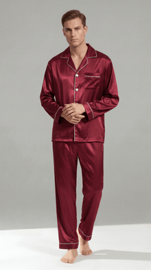 Herren Schlafanzug Set lang mit Hemd und Hose – Weinrot