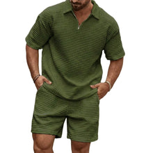 Herren-Set aus Poloshirt mit Viertelreißverschluss und Shorts mit Gitterstruktur – Grün