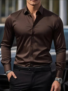 Julian | Herren Slim-Fit Knitterfreies Langarm Business-Hemd – Kaffee