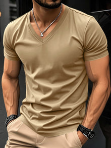 Christian | Herren Slim-Fit V-Ausschnitt Kurzarm T-Shirt – Khaki