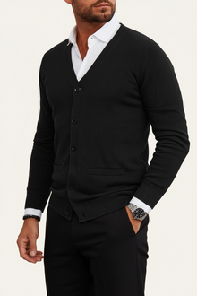 Herren Strickjacke mit Knopfleiste, V-Ausschnitt und Rippbündchen – Schwarz