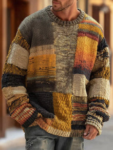 Lukas | Herren Strickpullover Patchwork Rundhals Langarm Grobstrick – Abstrakt