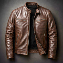 Simon | Herren Vintage Biker Lederjacke Reißverschluss Vier-Taschen-Design – Zigarrenbraun