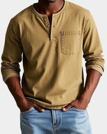 Elias | Herren Vintage Langarm Henley-Shirt mit Brusttasche – Khaki