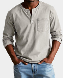 Elias | Herren Vintage Langarm Henley-Shirt mit Brusttasche – Beige