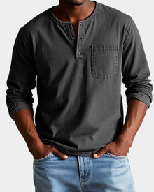 Elias | Herren Vintage Langarm Henley-Shirt mit Brusttasche – Schwarz