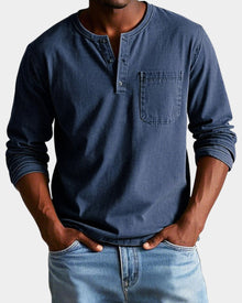 Elias | Herren Vintage Langarm Henley-Shirt mit Brusttasche – Marineblau