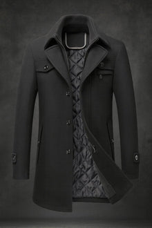 Fabian | Herren Wollmantel Slim Fit Doppelkragen Wärmeisolierter Wintermantel – Schwarz