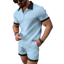 Herren zweiteiliges Set mit Kurzarmhemd mit Knopfleiste und Shorts mit elastischem Bund und Kordelzug – Hellblau