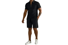 Herren Zweiteiliges Set Poloshirt mit Reißverschluss und kurze Hose – Schwarz