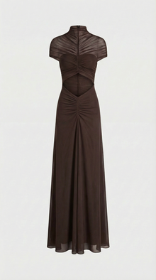 Damen gerafftes Mesh Maxikleid mit Cut-Outs – Kaffee