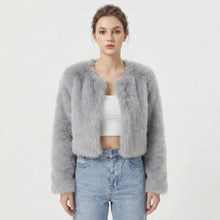 Damen Luxus Kunstpelz Jacke – Grau
