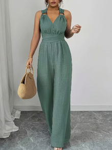 MARYAM™ - Einfarbiger Spitzenoberteil & Jumpsuit Ensemble mit Taschen – Grün
