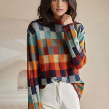 Lebendiger karierter Strickpullover für Damen – Rot Orange Grün Blau
