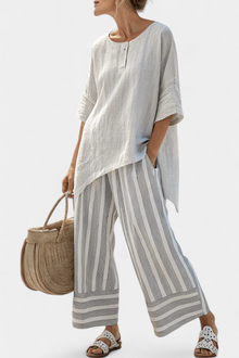 Fiorella – elegante asymmetrische Bluse und gestreifte Hose – Mehrfarbig