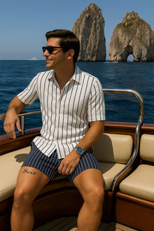 Maritimes Herren Sommer-Set | Gestreiftes Hemd & Shorts – Weiß