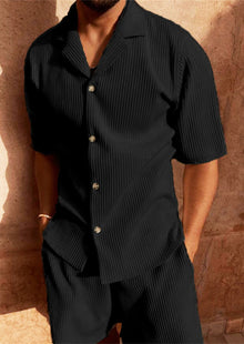 Herren-Shorts-Set mit gestreiftem Kurzarmhemd – Schwarz