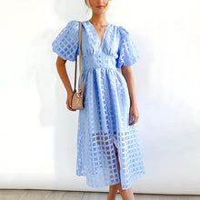 Midikleid mit Karomuster | Puffärmel | Eleganter Look – Hellblau