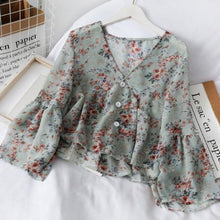Damen Bluse aus geblümtem Chiffon mit Rüschen fließendem Schnitt - Isadora – Blau
