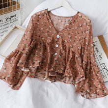 Damen Bluse aus geblümtem Chiffon mit Rüschen fließendem Schnitt - Isadora – Braun