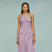 Elegantes asymmetrisches plissiertes langes Chiffonkleid - Violett – Rosa
