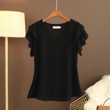 Leichte Chiffonbluse für Damen mit Rüschenärmeln und V-Ausschnitt - Elvira – Schwarz