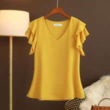 Leichte Chiffonbluse für Damen mit Rüschenärmeln und V-Ausschnitt - Elvira – Gelb
