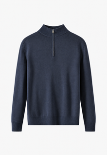 Herrenpullover aus Merinowolle mit halbem Reißverschluss und Stehkragen – Florent – Marineblau