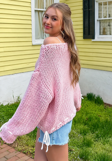 Dickstrick-Pullover für Damen mit U-Boot-Ausschnitt und Schleifen – Léonie – Rosa