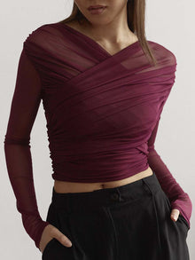 Damen Überkreuzte Front Lang Shirt – Bordeaux
