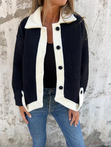 Kontrast-Cardigan | Knopfverschluss | Moderner Look – Schwarz