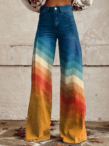 Weit geschnittene Jeans | Chevron-Farbverlauf | Retro-Design – Mehrfarbig