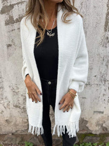 Elegante Fransenschal-Strickjacke für Frauen – Weiß