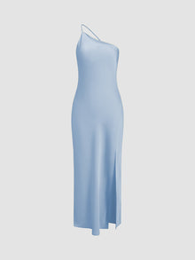 Langes Satinkleid mit Schlitz & offenem Rücken – Elegantes Abendkleid – Blau