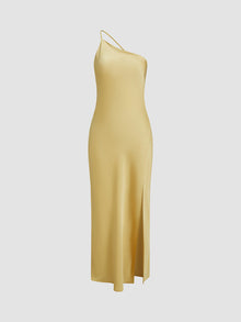 Langes Satinkleid mit Schlitz & offenem Rücken – Elegantes Abendkleid – Gelb