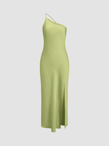 Langes Satinkleid mit Schlitz & offenem Rücken – Elegantes Abendkleid – Grün