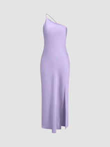 Langes Satinkleid mit Schlitz & offenem Rücken – Elegantes Abendkleid – Lila