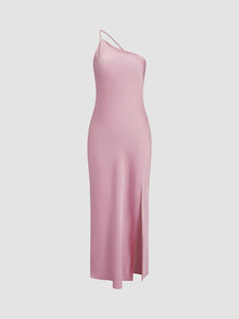 Langes Satinkleid mit Schlitz & offenem Rücken – Elegantes Abendkleid – Rosa