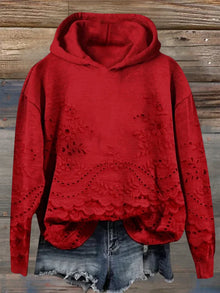 Hoodie mit floraler Stickerei und lässigem Schnitt – Rot