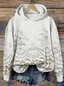Hoodie mit floraler Stickerei und lässigem Schnitt – Weiß