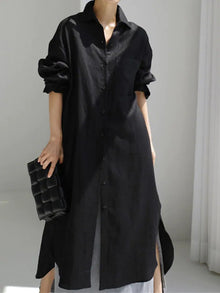 Karolin | Damen Langarm Hemdblusenkleid Midi – Schwarz