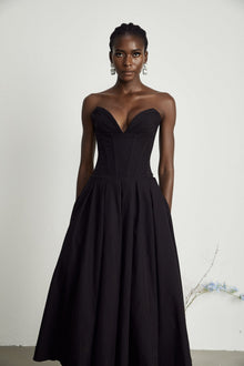 Vanessa - Elegantes schulterfreies Korsett-Midikleid – Schwarz