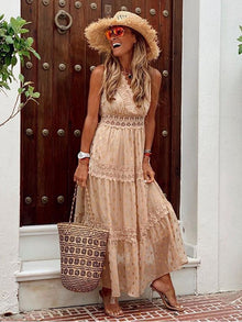 Damen Maxikleid aus Baumwolle mit Boho Chic Stil und V-Ausschnitt – Khaki