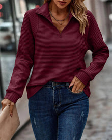Damen Rippstrickpullover mit halbem Reißverschluss – Lässiger, gemütlicher Strick-Sweater in Rosa – Rot