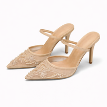Leandra | Damen Bestickte Slingback Pumps mit spitzer Zehenpartie – Beige