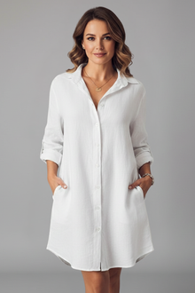 Leandra | Damen Hemdblusenkleid mit Langarm – Weiß