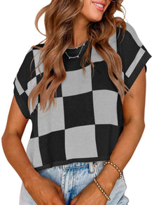 Lotta – Karierter Strick-Crop-Top mit Oversized-Kästchenmuster – Schwarz